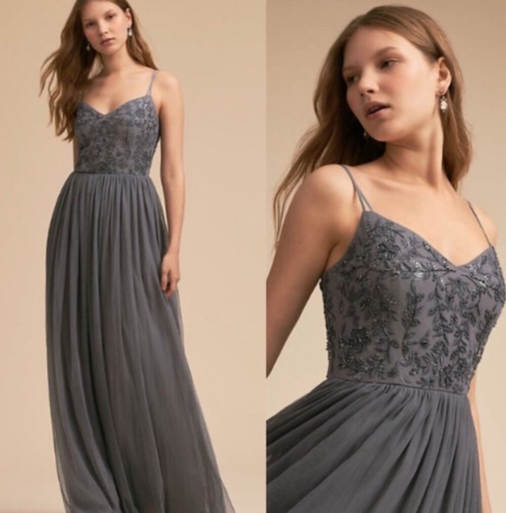 BHLDN Elowen Maxi Dress V Neck Floral Sequin Beaded Tulle Long Formal Gown Steel